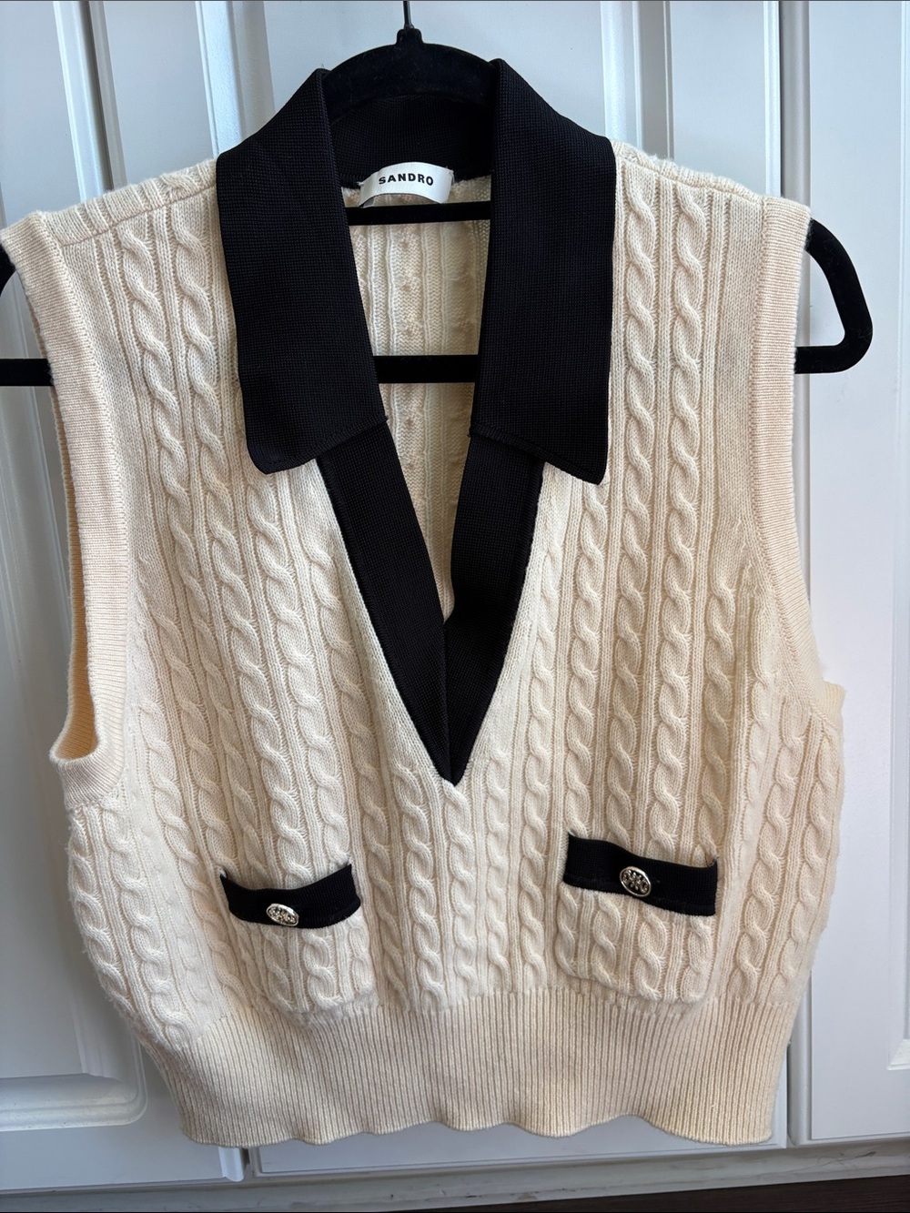 Sandro Cream Cable-Knit V-Neck Sweater Vest with Black Trim